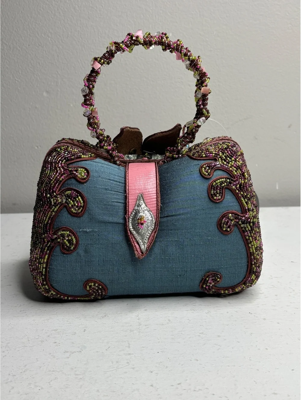 Vintage Rare Retired Mary Frances Beaded 3D Pink & Silver Flower Statement Purse